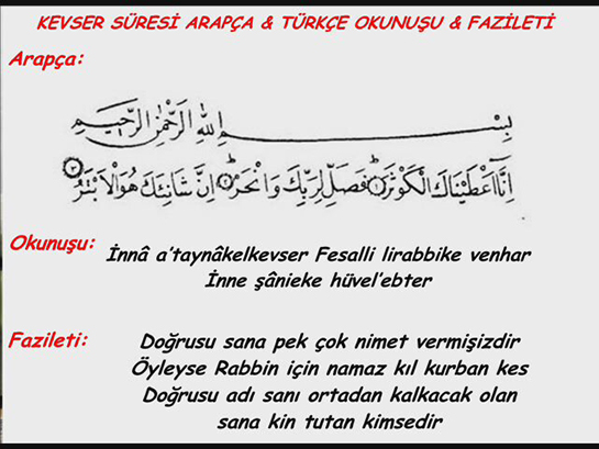 Kevser Suresi Yazılışı Okunuşu ve Anlamı